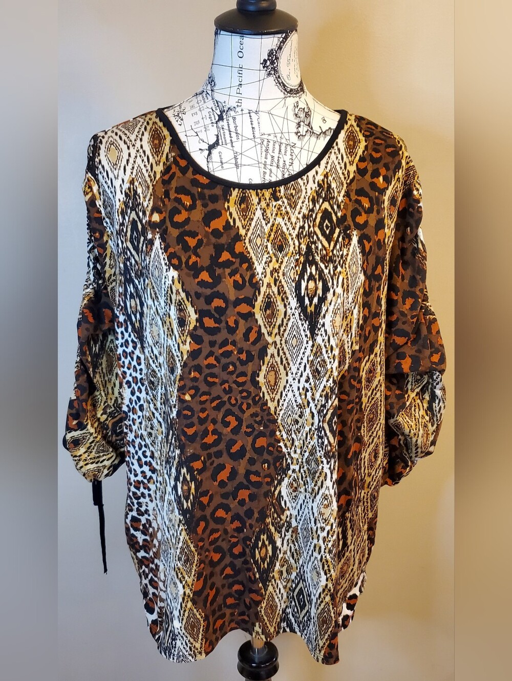 BonWorth Women's Large Animal Print Blouse Brown Orange Ruched Tie Sleeve Stretc